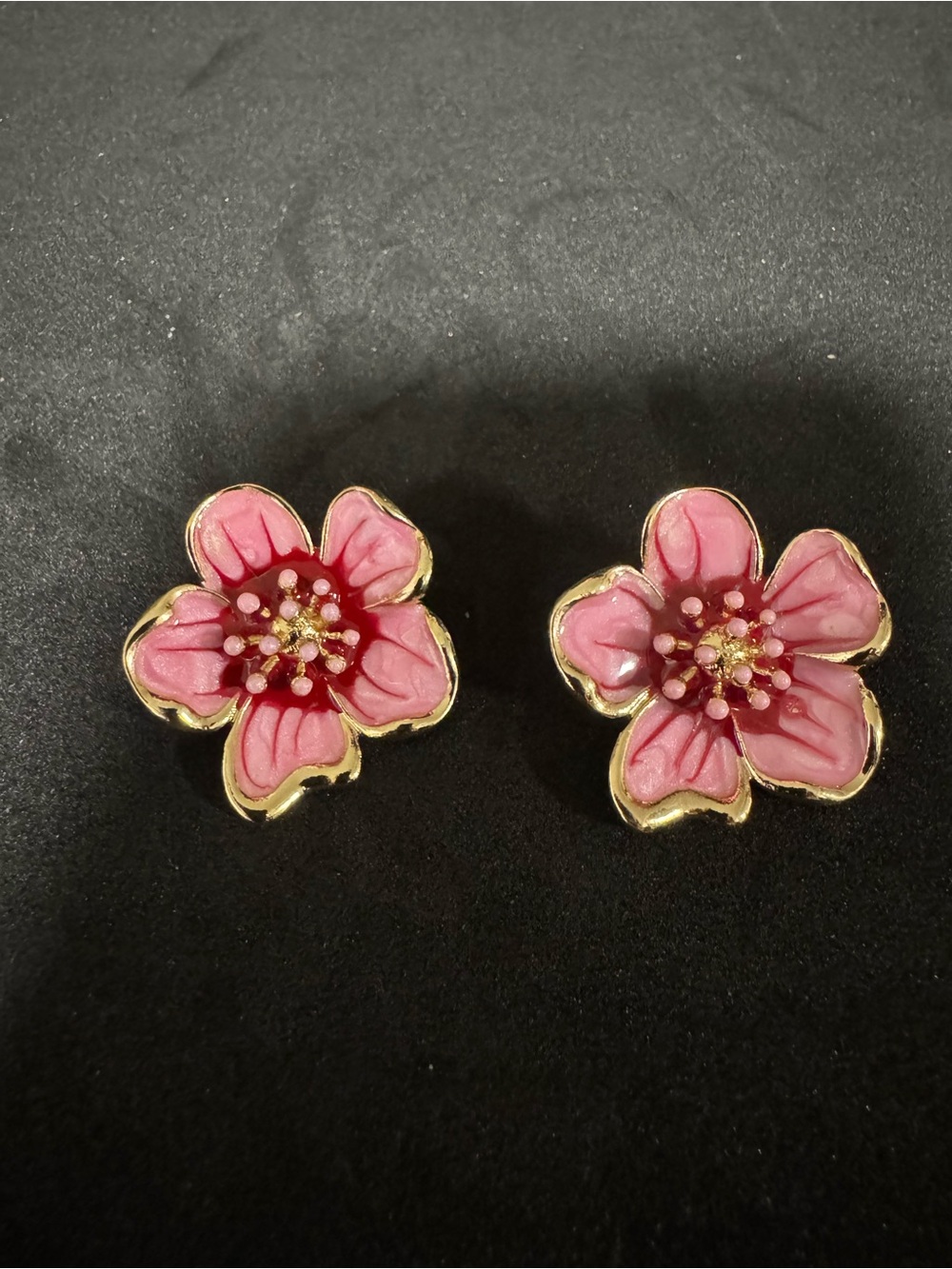 Pink Floral Enamel Stud Earrings - Unbranded
